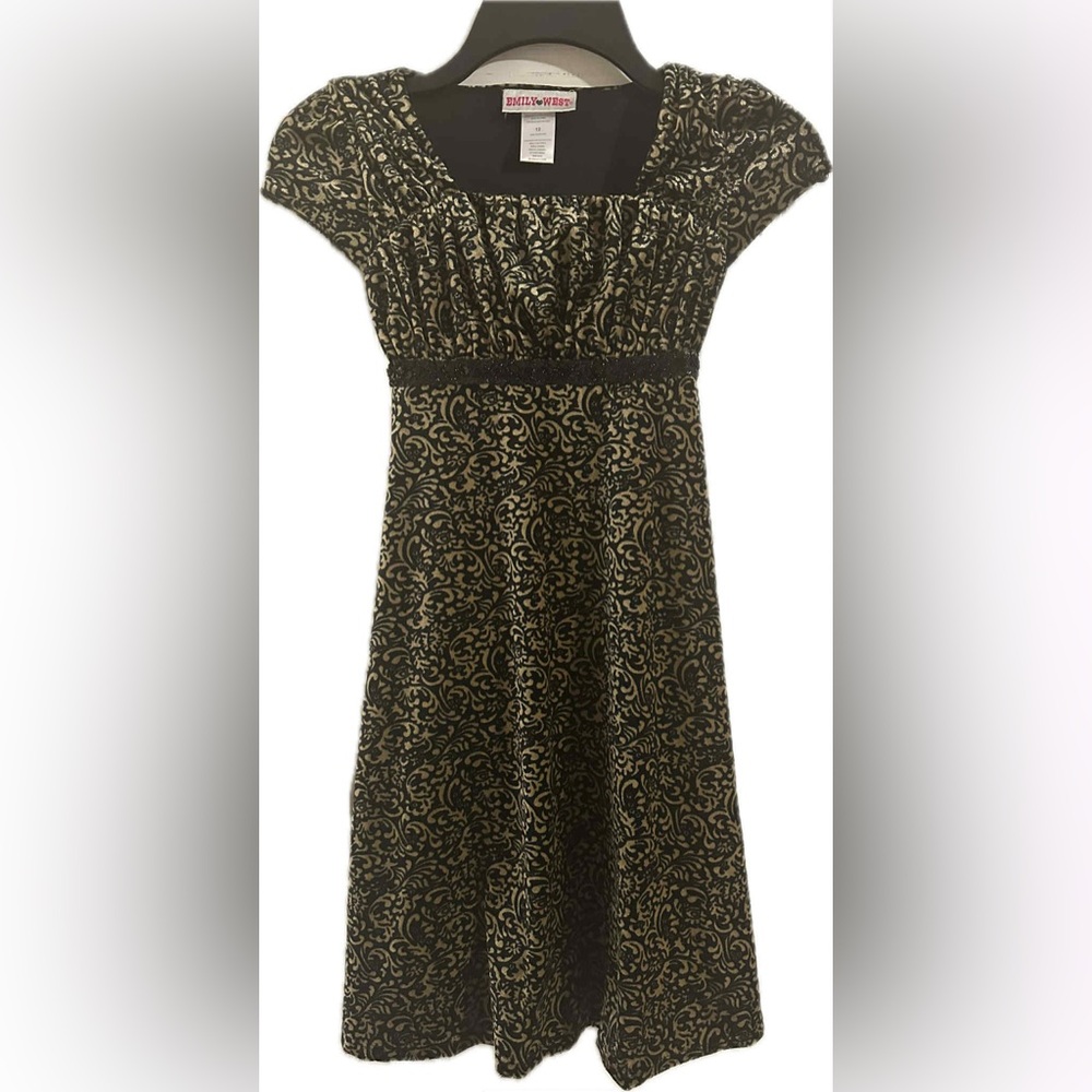 EUC Emily West ornate patterned black/gold dress with rear tie, size 12